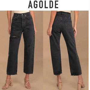 Agolde 90s Crop Washed Black Distressed Ripped Denim Straight Jeans Size 25